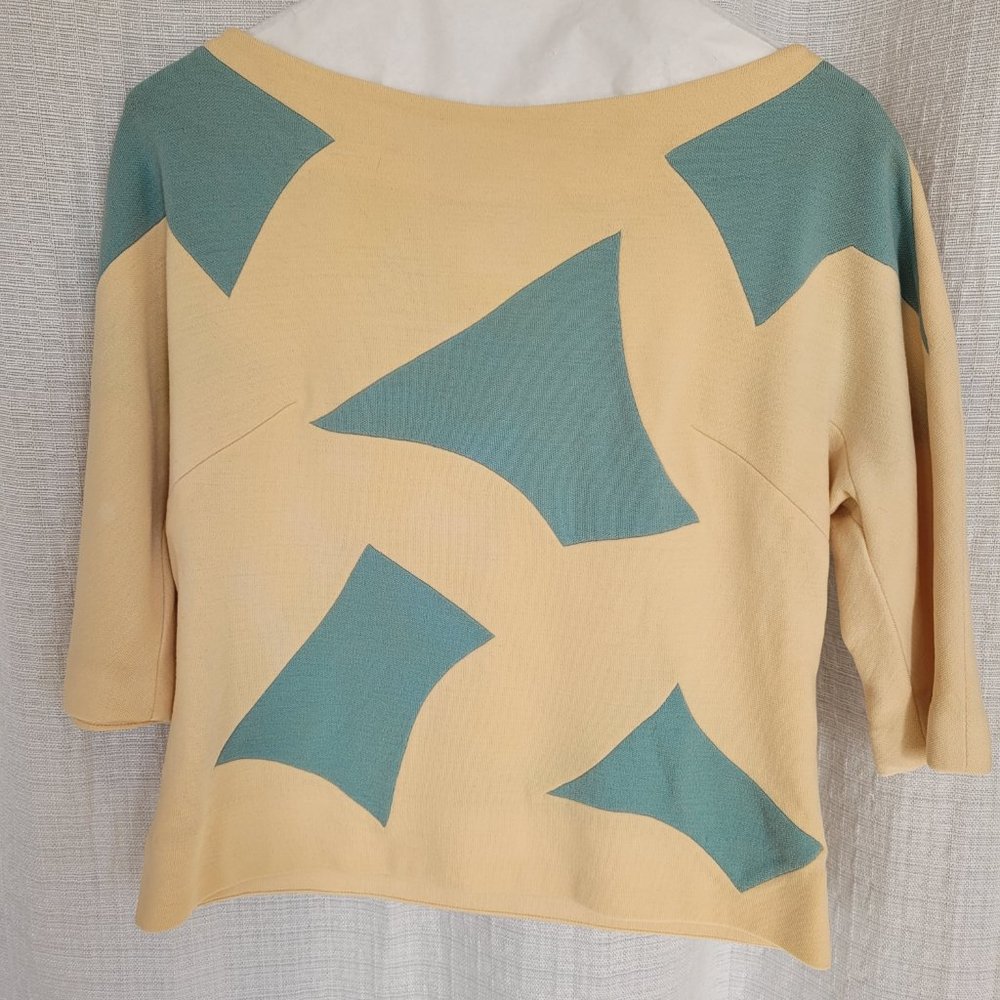 Vintage Top Cropped Boatneck Split Hem 3/4 Sleeve Geometric 80s Abstract Shapes